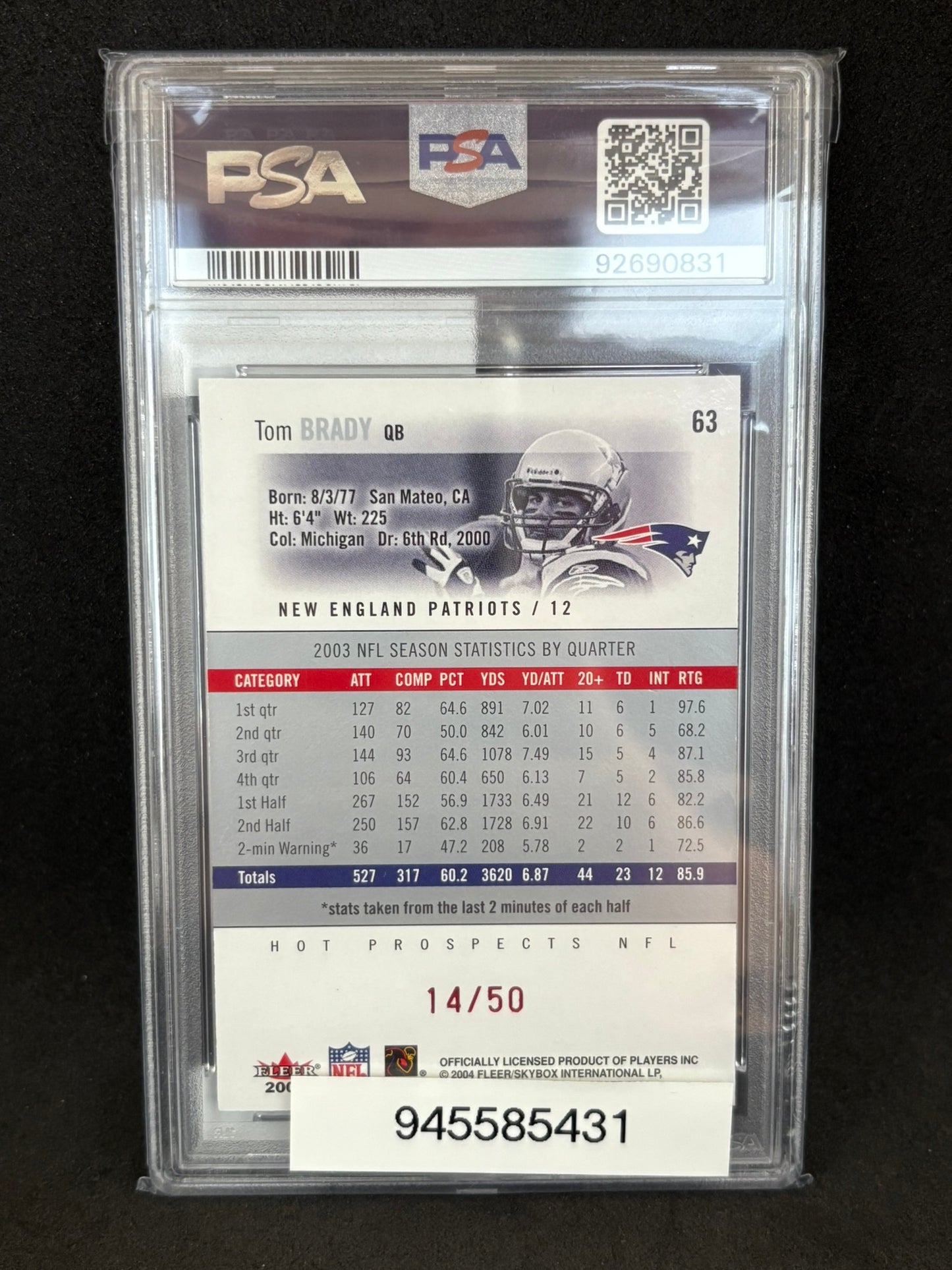 2004 Fleer Hot Prospects TOM BRADY PSA 9 Red Hot 14/50